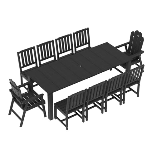 Ayge 11-Piece 10-Seat Patio Dining Set, HDPE All-Weather Outdoor Furniture with Umbrella Hole Table, 2 Armchairs & 8 Armless Chairs (Black) Black 11