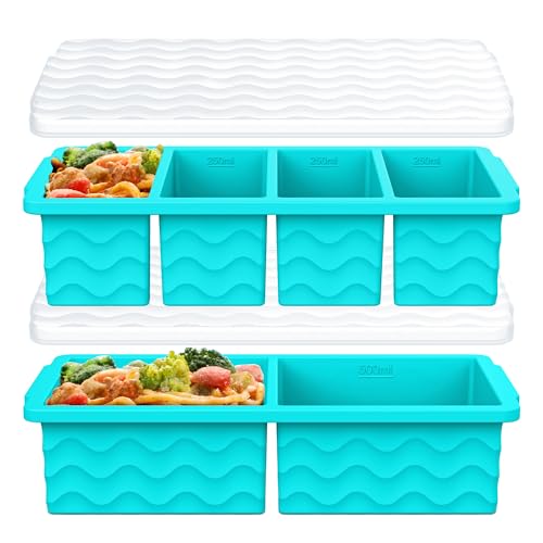 Image of Silicone Freezer Trays with Lid for Soup, 1-Cup & 2-Cup Large Ice Cube Molds Food Storage Containers for Meal Prep, Freeze 500mL /250mL /125mL Portions - 2 Pack