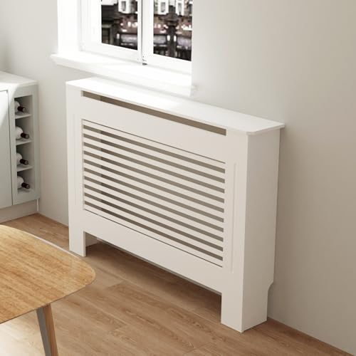 Miniatura 4 de Fativo Cubierta De Radiador Alta Blanca Moderna: 100 Cm De Altura Interior Consola Cubreradiador De Madera Armario Cubre Radiador De Mdf Estante Para Calentador Horizontal, 111x19x101 Cm
