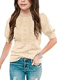 Batermoon Girls' Puff Short Sleeve Sweaters Crewneck Hollow Out Knit Pullover Tops Beige