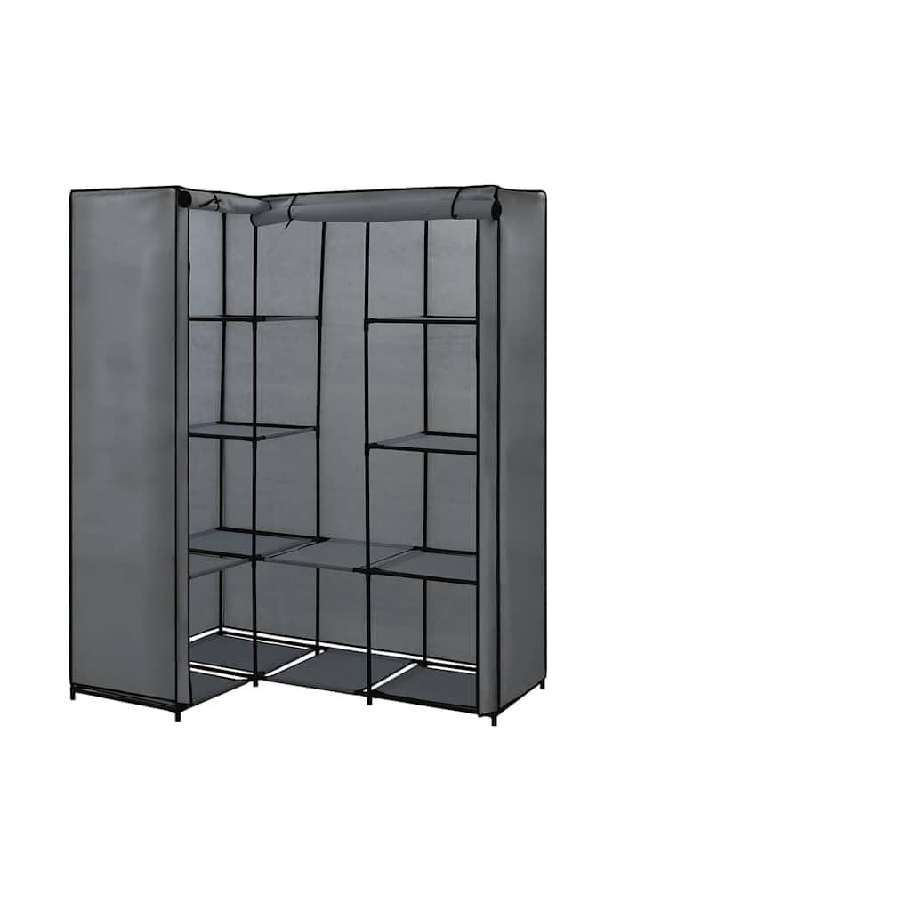Armario esquinero gris con marco de hierro resistente, 130 x 87 x 169 cm, moderno armario con barra para colgar, revestimiento de tela a prueba de polvo y estantes