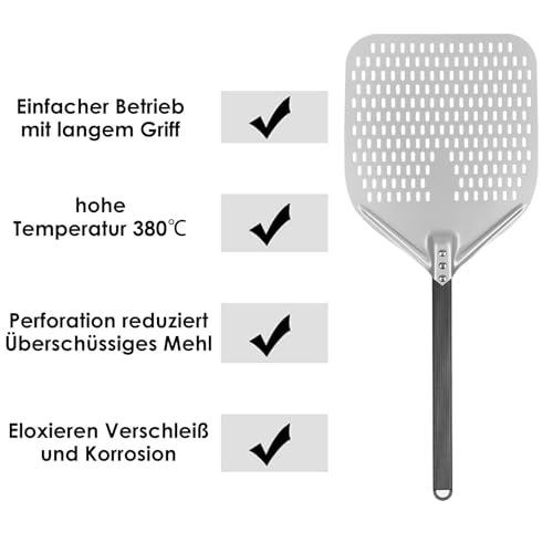 Foto von CRROEL Perforierter Pizzaschieber, 12 Zoll Perforiert Pizzaschaufel aus Hart Eloxiertes Aluminium mit Verbrühungshemmend Griff, Pizzaheber für hausgemachte Pizza,Brot,Kuchen