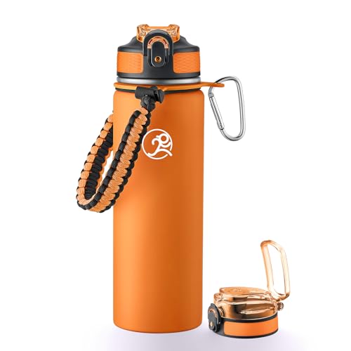 Image of GOSWAG 24oz Insulated Stainless Steel Travel Water Bottle, 2 Lids | with straw and no straw, Paracord handle, Double-wall vacuum keeps drinks cold or hot, Leakproof tumbler