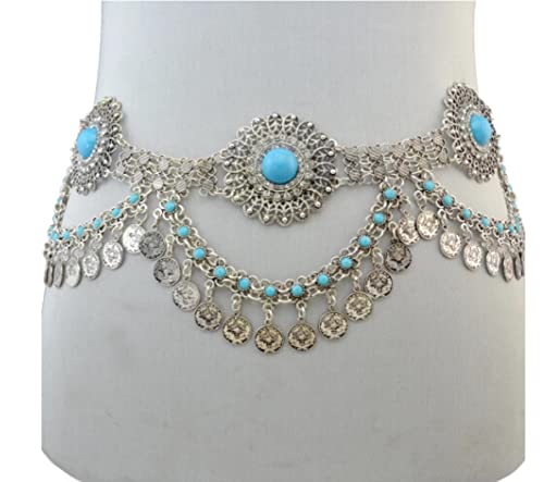 AILIU Aleación afgana Azul Negro Piedra Cadenas para el Vientre Moneda Hippie Borla Larga Cadena de Cintura Vestido de Playa Sexy Cinturón Mujeres Joyería Corporal