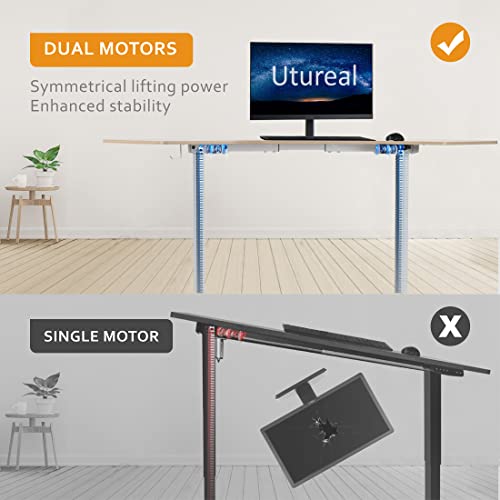 Utureal 71" Electric Corner Standing Desk, Wing Shape Height Adjustable Desk For Home Office, Dual Motor Stand Up Computer Desk, L Shaped Motorized Sit Stand Workstation, Oak Table Top, White Frame #TOP4