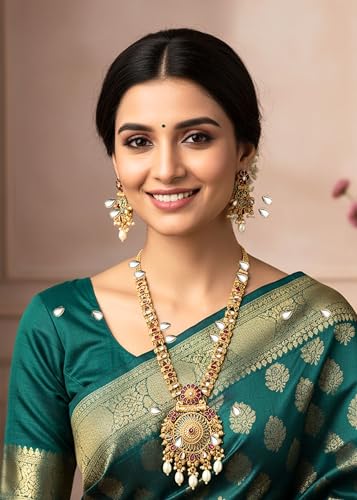Image of Mansiyaorange South Indian Temple Style Long Pearl Rani Haar with Floral Necklace & Earrings | Traditional Gold Plated Kempu Kundan Stone Jewelry Set for Women