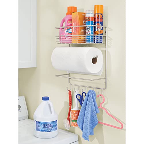 Mdesign Metal Wall Mount Paper Towel Holder With Storage Shelf And Hooks For Kitchen, Pantry, Laundry, Garage Organization - Holds Spices, Seasonings, Pot Holders, Cookware - Satin #TOP4