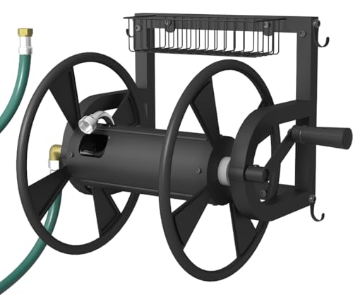 Artigarden Outdoor Wall Mounted Hose Reel with Hook, Garden Heavy-Duty Water Holder Winder with 3.9 ft Leader Hoses, Brass Fitting and Storage Basket for Yard, Holds 125 Ft of 5/8-Inch Hose, Black