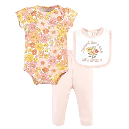Image of Hudson Baby Unisex Baby Cotton Bodysuit, Pant and Bib Set, Peace Love Flowers, 0-3 Months