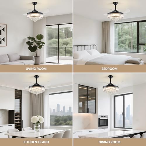 MOOONICHE Fandelier Ceiling Fan with Light, 42'' Retractable Ceiling Fans,Crystal Chandelier Fan with LED Dimmable for Bedroom Living Room etc-Black by MOOONICHE - Image 9