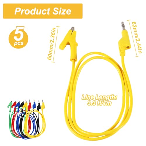 Image of 5PCS Multimeter Banana Plug to Crocodile Alligator Clip, 4mm Stackable Colorful Silicone Banana Plug to Alligator Clip, Soft Flexible Electrical Test Probe Lead Wire Cables 1M