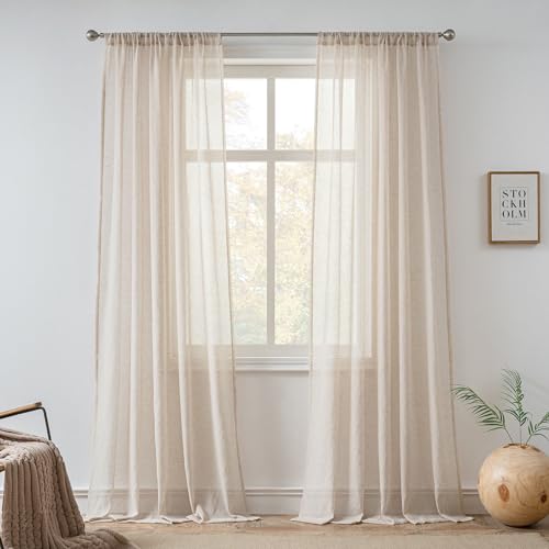 FMFUNCTEX Taupe Linen Sheer Curtains, 84 Inches, 2 Panels for Bedroom