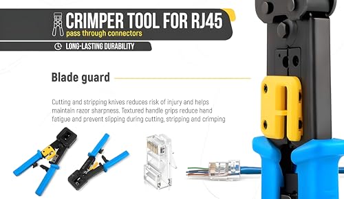 Image of COOLCOLD RJ45 Crimping Tool Kit for Cat5 /Cat5e /Cat6 | Pass-Through Ethernet Crimper with Wire Cutter, Cable Stripper, 10 RJ45 Connectors & Boots | Professional LAN Network Tool Set