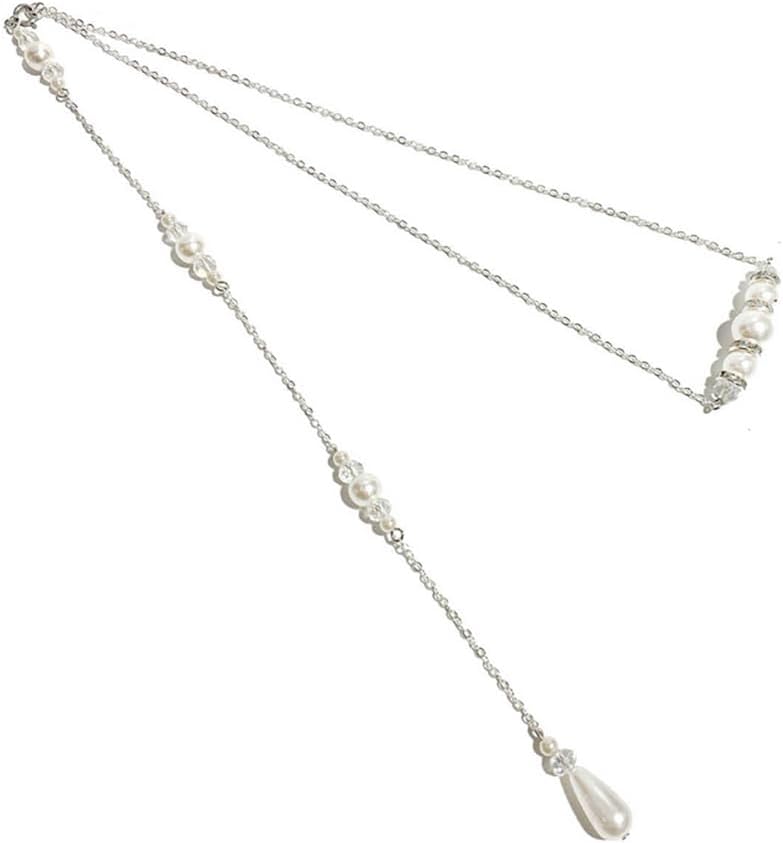 Elegant Pearl Back Chain Silver Crystal Back Drop Necklace Long Pearl Body Chain Wedding Backdrop Necklace Chain Summer Beach Body Jewelry for Women Backless Off-shoulder Dressing