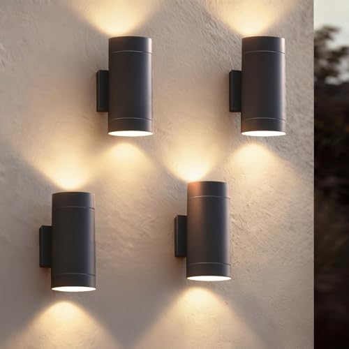 EBION Outdoor Wall Lights,Up and Down Lights Outdoor IP65 Waterproof,4 Pack Aluminium Black Exterior Outside Wall Lights Mains Powered,Garden Wall Lamp for Front Door,Garden,Garage,Porch,Patio