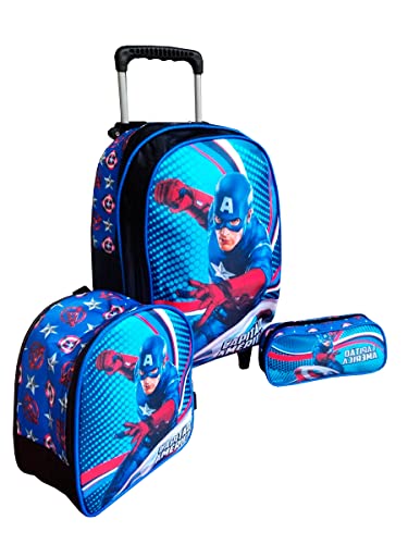 Kit Mochila de Rodinhas Infantil com Lancheira Térmica e Estojo do Capitão América