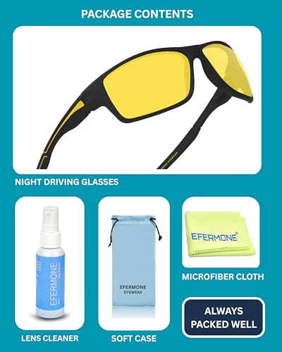 Image of EFERMONE Night Driving Glasses with Cleaning Kit, Yellow Polarized Lens, UV400, Anti-Glare Glasses for Riding Bike and Car