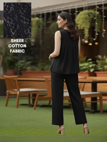 Image of GRECIILOOKS Co-Ord Set for Women stylish Solid| Jumpsuit For Women's Stylish | Dress | Travel | Sheer Cotton Textured Sleeveless Top And Straight Pants