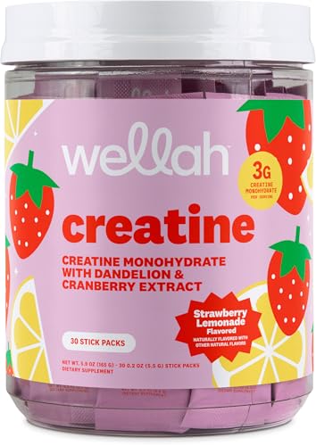 Image of Wellah Creatine for Women (Strawberry Lemonade) 30 Stick Packs - 3g of Creatine Monohydrate with Dandelion & Cranberry Extract, to-Go Packets