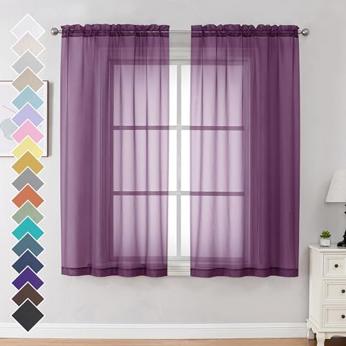 Image of OVZME Plum Sheer Curtains 63 Inches Long 2 Panels - Soft Light Filtering Window Sheer Panels for Living Room /Bedroom, Top Dual Rod Pocket, 1 Pair, Each 42Wx63L Inches