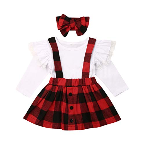 3PCS Toddler Baby Girls Outfits Set Solid Ruffle Long Sleeve T-Shirt Tops+Suspender Skirt Overall Clothes Set (Red Plaid Skirt, 12-24 Months)