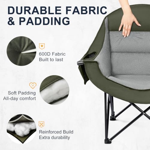 Image of Oversized Camping Chairs for Adult - Heavy Duty Padded Portable Folding Chair XL Collapsible Camp Chair with Cup Holder Cooler Pockets for Outdoor Lawn Beach Sport Fishing Support 500LBS, Green Grey