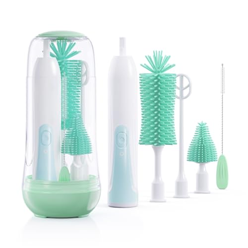 Image of Festiva Electric Bottle Brush Cleaner - Baby Bottle Brush Set with Bottle Brush, Mixing Head, Nipple & Straw Brush, Baby Travel Essential, (Green)