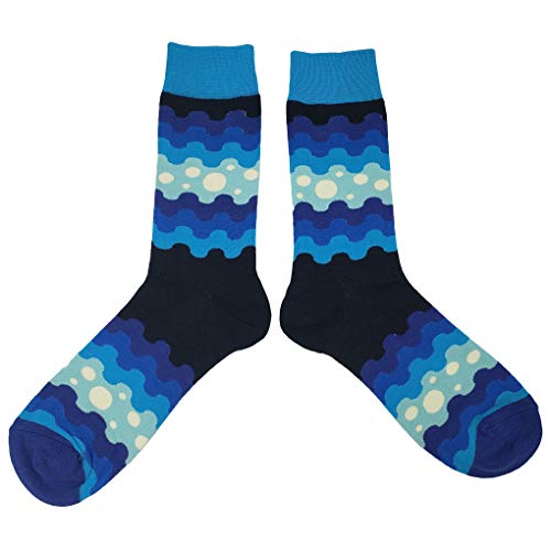 Blue Wave Pattern Dress Socks Funny Novelty Crazy Fun Design Men Size 8-12 Cotton Casual Crew Colorful Funky Fancy Socks Gift for Men2