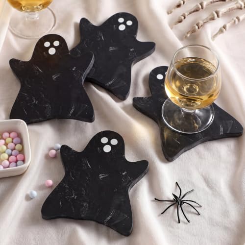Acellegic 4pcs Marble Coasters Halloween Ghost Coasters 4.7 x 3.9 Inches for Drinks Beverage Boo Mug Cup Car Desk Party Decoration