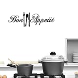 BIBITIME Bon Appetit Quotes Stickers Kitchen Wall Tile Decal Knife Fork Spoon Vinyl Sticker for Cafe Shop Coffee House Store Restaurant Living Room Dining Room Decor (Black, 7 in x 22 in)