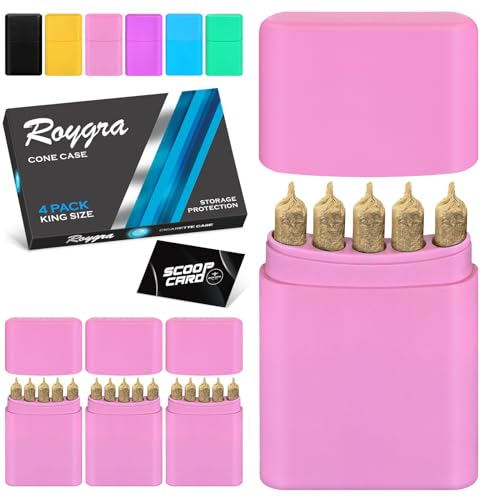 roygra 5-Hole King Size Pre-roll Cone Holder Case (4 Pack), Cigarette Case 100s Size, Plastic Blunt Holder, Smoking Accessories, Small Pre Roll Tubes for Actual Lengths Between 75-120mm - Pink