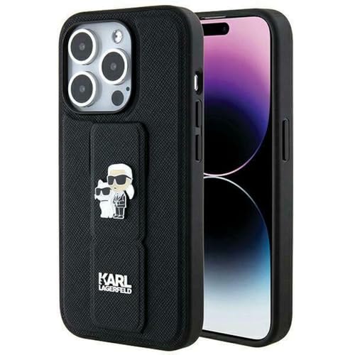 Karl Lagerfeld KLHCP14LGSAKCPK Coque de protection pour iPhone 14 Pro 6,1" Noir Rigide Support Grip Saffiano Karl&Choupette Pins