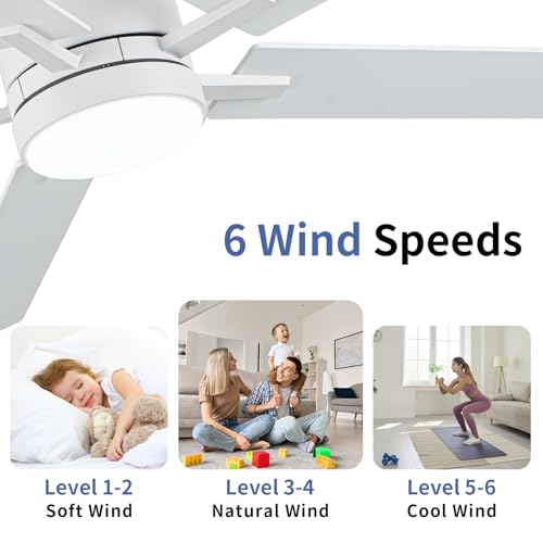 Image of LANMEL 52'' White Ceiling Fans with Lights and Remote, 6 Speed Low Profile Modern Ceiling Fan with Quiet DC Motor for Indoor Outdoor Bedroom Living Room