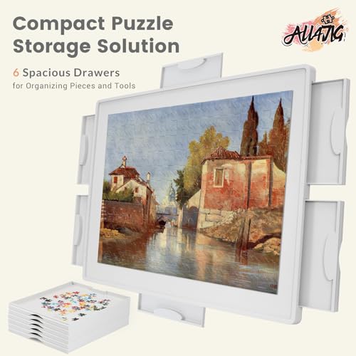 Image of ALL4JIG 1500 Pieces Lightweight Rotating Plastic Puzzle Board with 6 Drawers and Cover, 360 Lazy Susan Design, 25.98 inchx34.25 inch Portable Spinning Puzzle Table for Adults, Surface for Lego Building