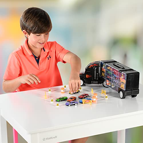 image for Toy Truck Car Carrier - Includes 6 Toy Cars and Accessories, Fits 28 T