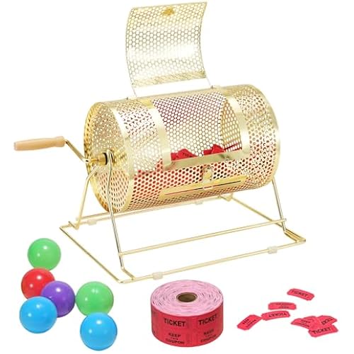 VEVOR Raffle Ticket Spinner - 12 x 8 Inch Raffle Drum Lottery Spinning Drawing, Brass Plated Raffle Tickets Roll Box with Wooden Turning Handle Holds 2500 Tickets or 100 Ping Pong Balls for Events