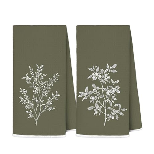 AJIPUX Vintage Olive Green Botanical Kitchen Towels Set of 2, Olive Green Kitchen Decor, French Country Hand Towel Decorative for Dish Tea Towel Drying Cloth,16x24 Inches