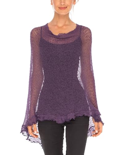 Image of SHU-SHI Women's Sheer Knit Poncho Shrug Lightweight Asymmetrical Ruffle Wrap Dressy Summer Shawl Cover Up Top