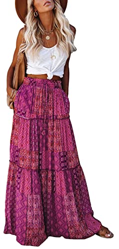 Women's Long Maxi Bohemian High Waist A Line Tiered Paisley Print Skirt with Pockets and Drawstring Purple L