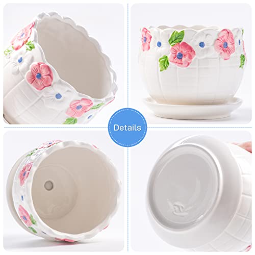 Sin Wings Pink Flower Plant Ceramic Pots Set Of 3, 6/5/4 Inch White Indoor Planter With Saucer And Drainage Hole - Hand Painted For Succulent, Herb, Snake Outdoor #TOP4