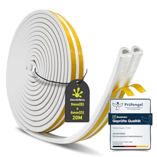 GeckoSeal 20m Joint Porte Fenetre, 9mm x 6mm Joint Mousse Adhésif d'Étanchéité Porte Calfeutrage Isolant Thermique, Froid, Anti-collision, Poussière(Blanc, 5m X 4)