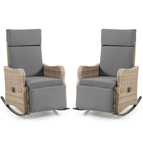 WENTUM Outdoor Recliner Chairs Set of 2 for Patio 2-in-1 Convertible Footrest & Rocking Mode, 90-135 Adjustable Backrest, Rattan Wicker Chair with Removable Cushion for Garden, Balcony, Gray
