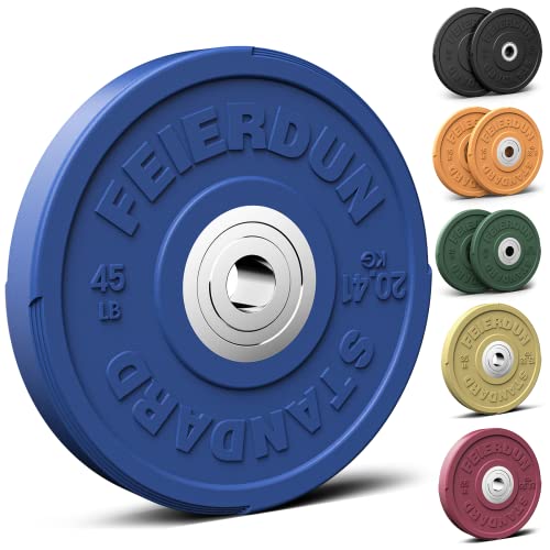 Image of FEIERDUN Color Bumper Plate Set, 2-Inch Olympic Weight Plates, Low Bounce Rubber Barbell Plates with Stainless Steel Insert for Weightlifting, Strength Training, CrossFit & Home Gym, 10LB-370LB