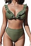 CUPSHE Damen Badeanzüge mit hoher Taille und Rüschen, 2-teilig, gerüscht, dreieckig, Bikini, Badeanzüge, armee-grün, XX-Large