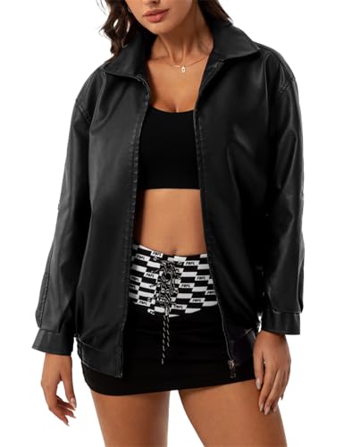 hathne Women's Oversized Leather Jackets Faux Zip Up Fall Fashion Motorcycle Jackets Coats Winter Clothes(Black,M)2