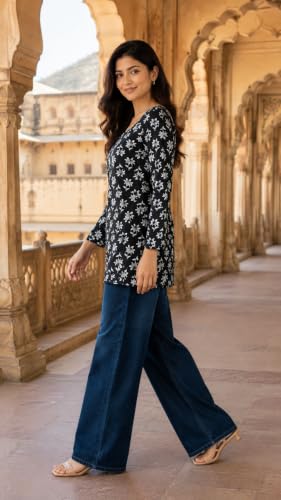 Image of Women's Floral Printed Cotton Kurti Summer Cotton Tunic Top for Girls