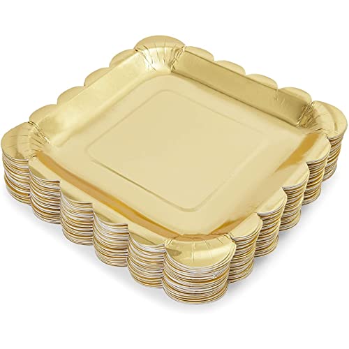 48-Pack Gold Foil Square Paper Plates Scalloped Edge (7 In) #TOP2