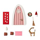【10 piezas de decoración de puerta en miniatura de madera para elfo: el paquete incluye 1 puerta de madera pintada, 2 cajas de regalo en miniatura, 1 alfombra en miniatura impresa "bienvenida", 1 escoba natural, 1 hada de cristal, 1 plantilla de pie de hada, 1 corona, 1 cabra en miniatura, 1 diez N Juegos.