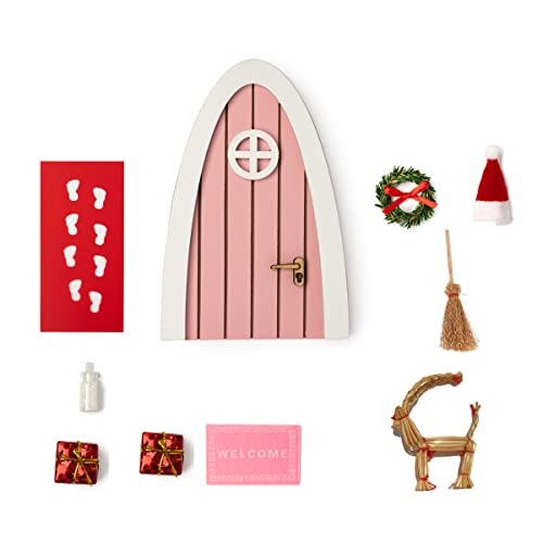 Juego de figuras de Navidad de madera en miniatura de duende para puerta de hada, decoración de pared, juego de gnomo, puerta de hada, color rosa Cover