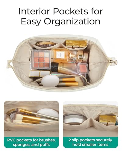 BAGSMART Travel Makeup Bag, PU Leather Waterproof Cosmetic Bags Makeup Bags for Women, Large Capacity Make up Bag, Wide-open Makeup Pouch for Travel Essentials, Bottles, Brushes (Black)3